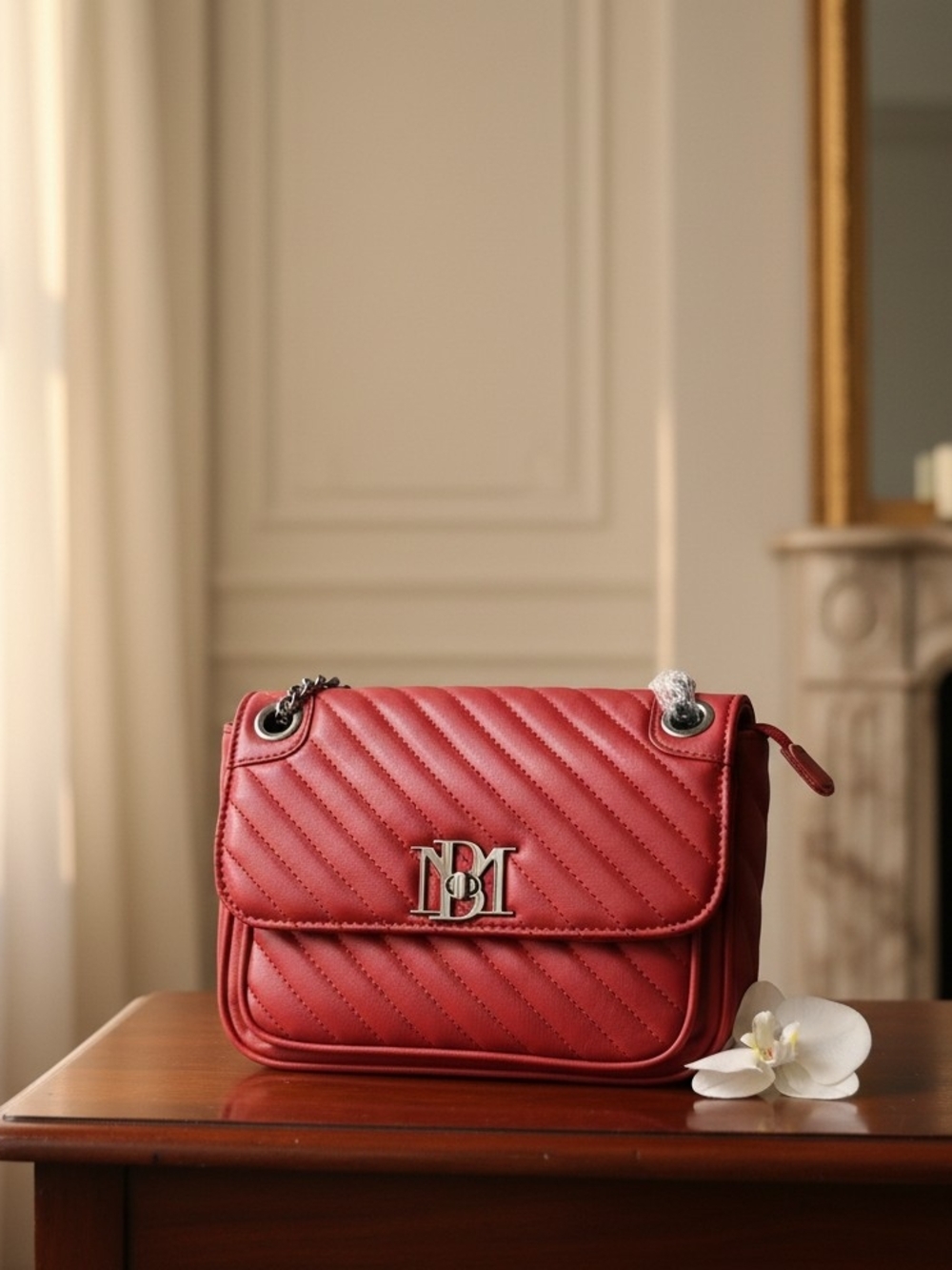 Badgley Mischka Red Quilted Crossbody Bag with Chain Strap